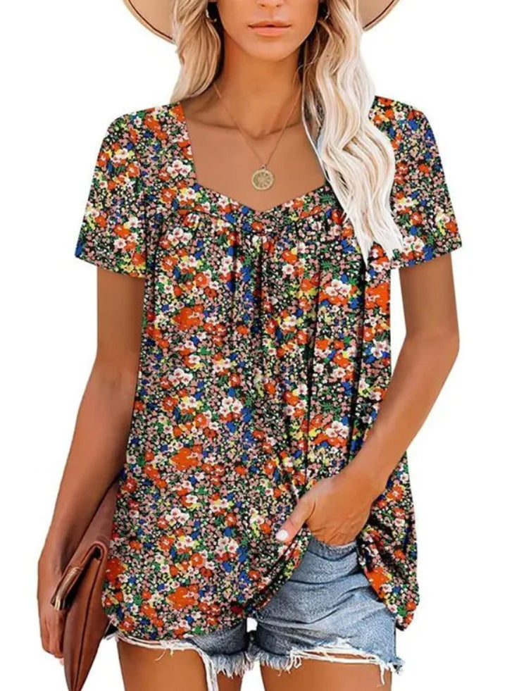 Dame afslappet blomster-top med V-hals og løs pasform Stilla