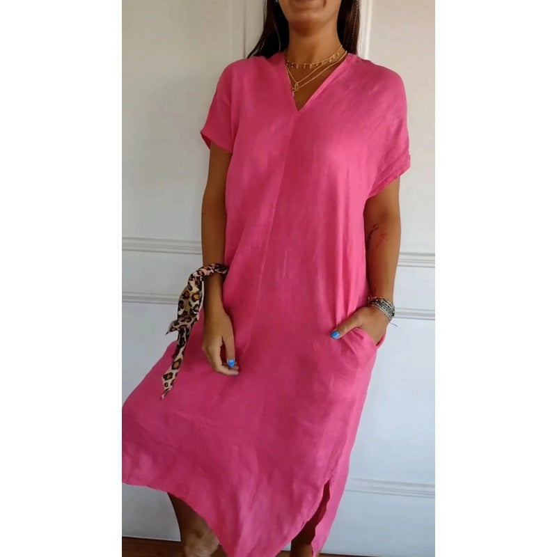 Dame afslappet maxikjole med v-hals og praktiske sidelommer Stilla