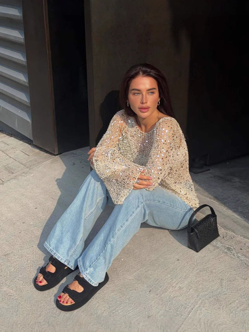 Dame Cropped Strikbluse med glitrende accenter Stilla