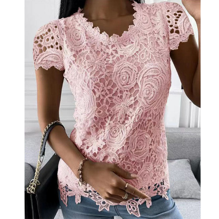Stilla | Mode Kortærmet Blonde Rund Hals Top