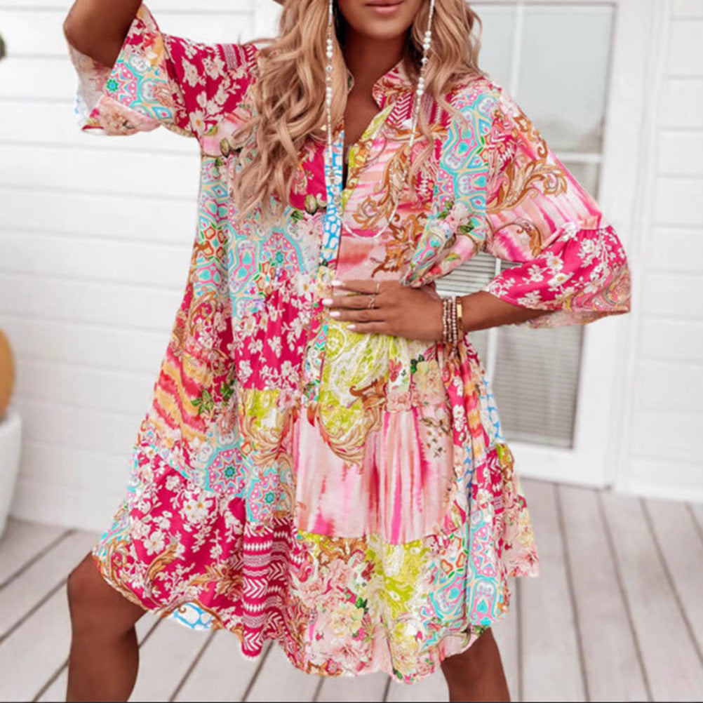 Dame afslappet maxikjole med farverigt patchwork-design og komfortabel pasform Stilla