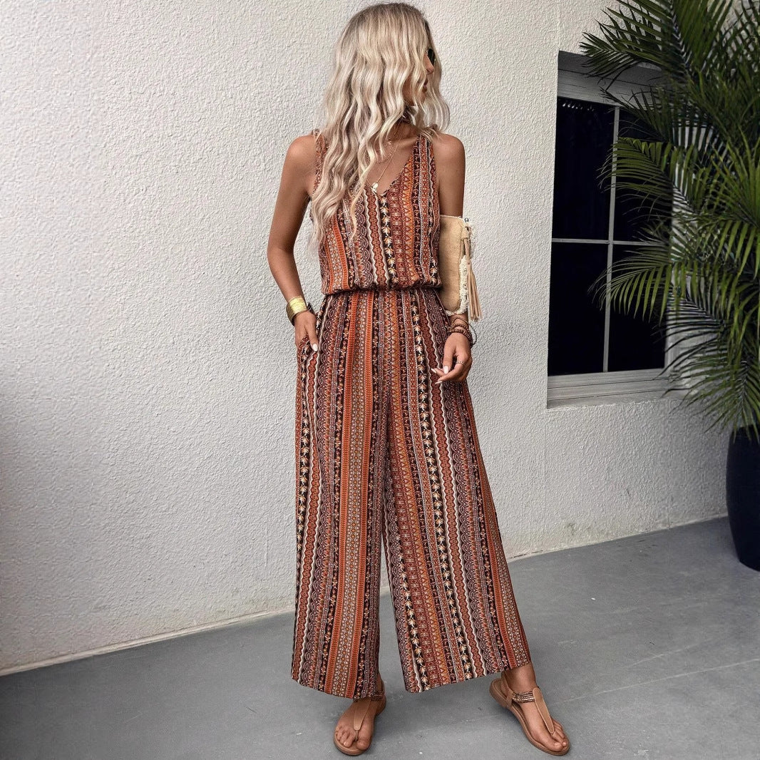 Dame jumpsuit med unikt etno-mønster og bredt ben Stilla