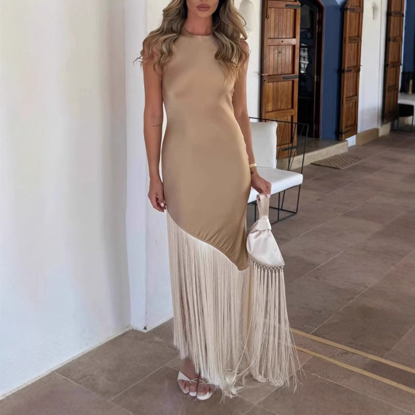 Dame Elegant Fransenmaxikjole med asymmetrisk søm Stilla