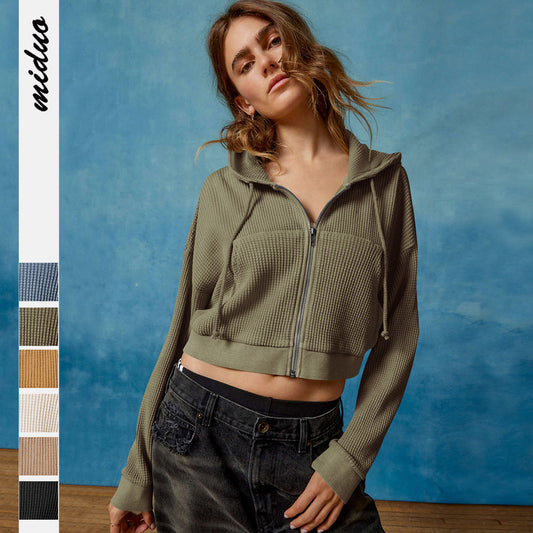 Dame cropped hætte sweatshirt med afslappet vaffelstruktur og lynlås Stilla