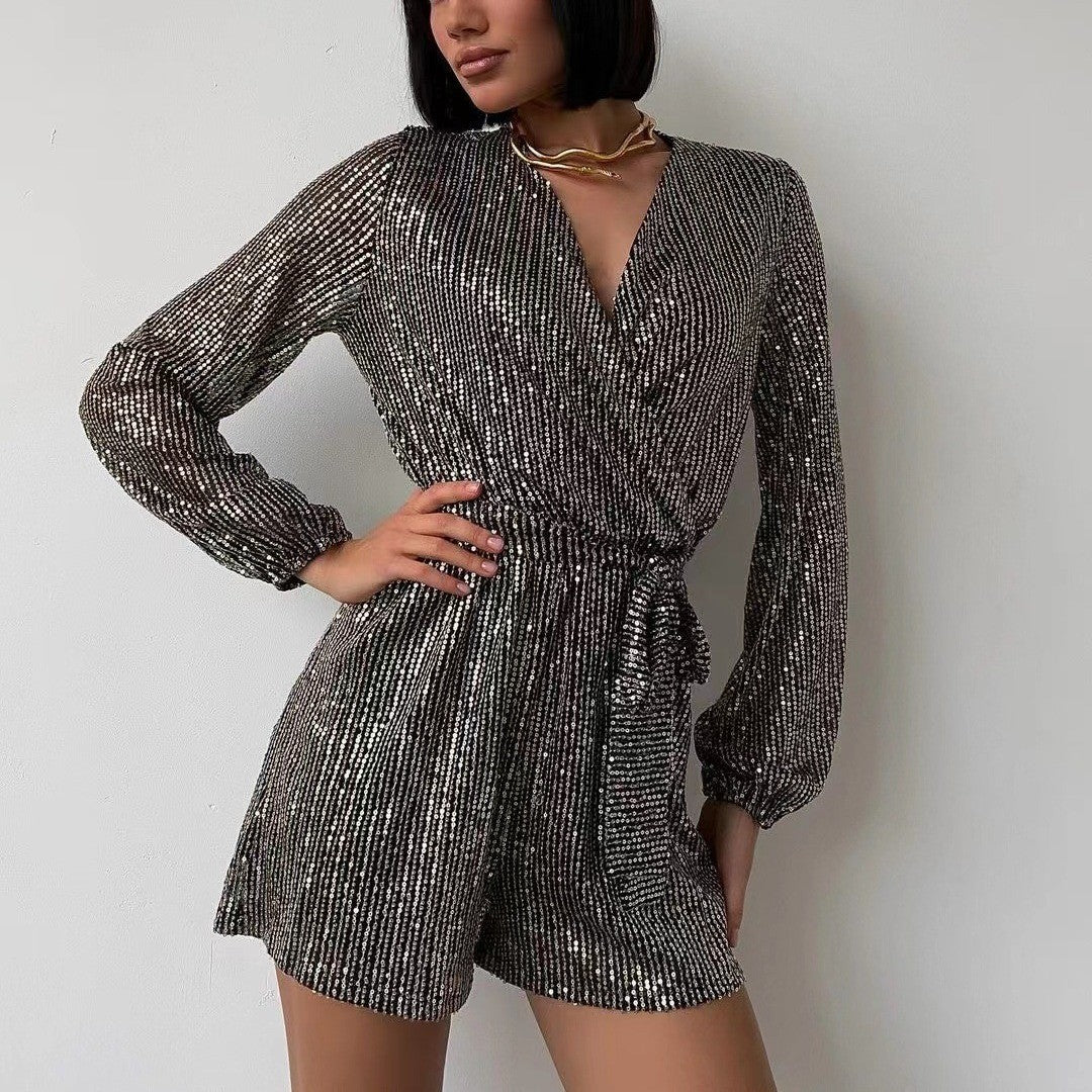Dame Funklende Jumpsuit med V-hals og lange ærmer Stilla