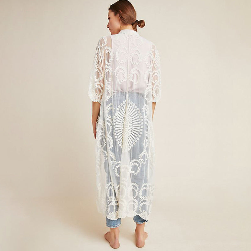 Dame elegant gennemsigtig strandkappe med kunstfærdig spidsudsmykning Stilla