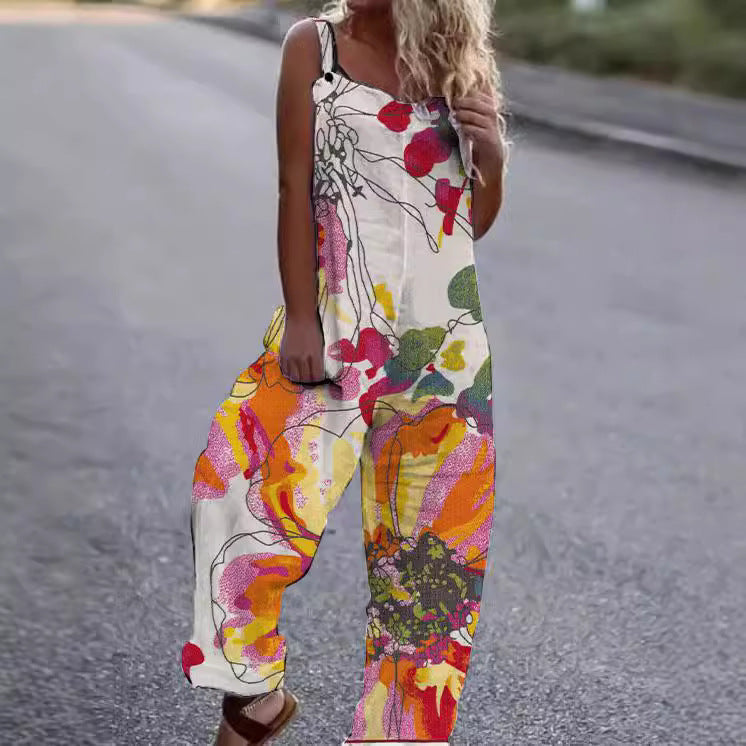 Dame Blomstret Mønstret Jumpsuit med Bred Ben og Spaghetti-Stropper Stilla
