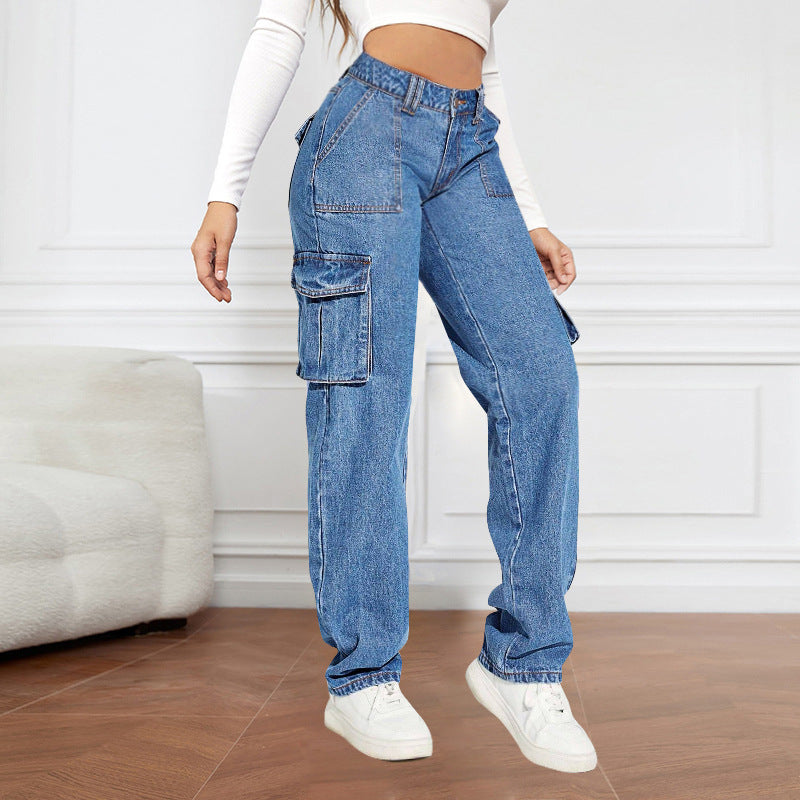 Dame Cargo Jeans med høje sidelommer og elastisk kant Stilla