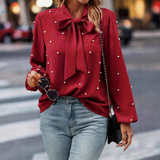 Dame elegant bluse med sløjfe krave og perle detaljer Stilla