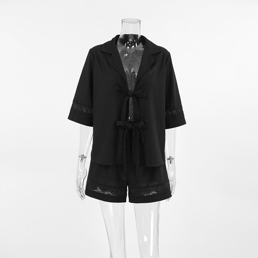 Dame afslappet linned overdel og shorts sæt med elastisk talje og dekorativt bindebælte Stilla