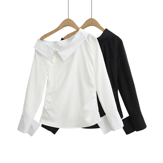 Dame Elegant Bluse med asymmetrisk krave og dæmpet drapering Stilla