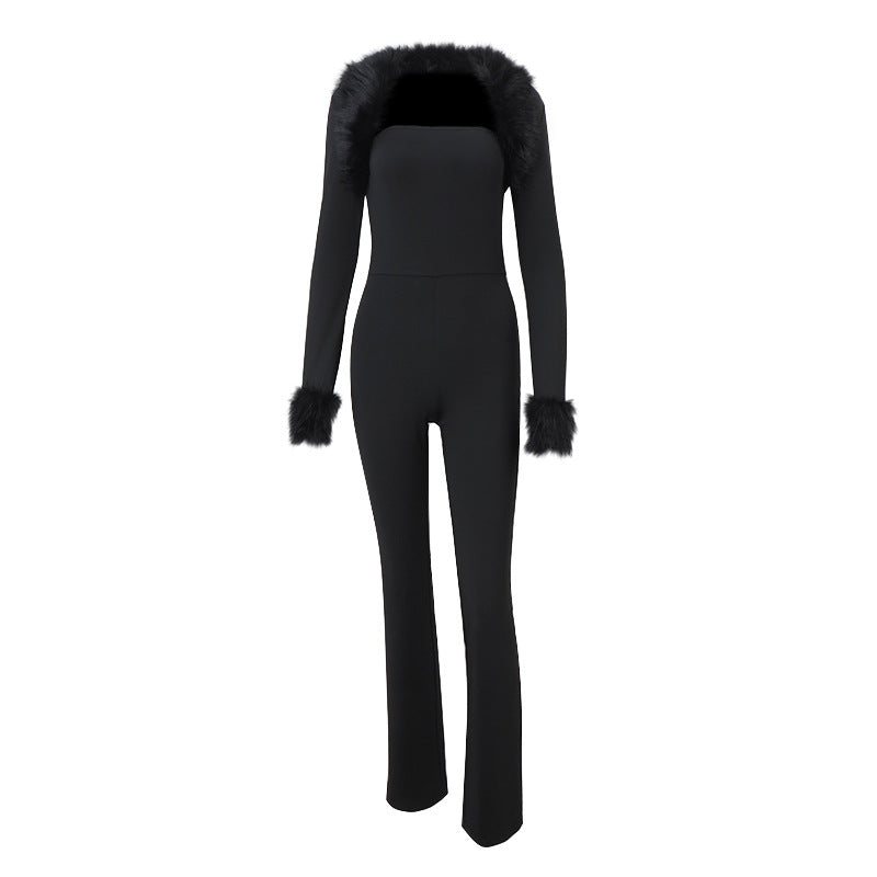 Dame Elegant Jumpsuit med Fauspelzdetaljer Stilla