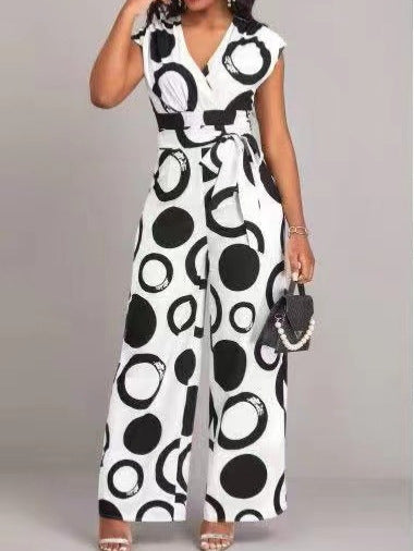 Dame Mode Wide-Leg Jumpsuit med bindebånd og grafisk mønster Stilla