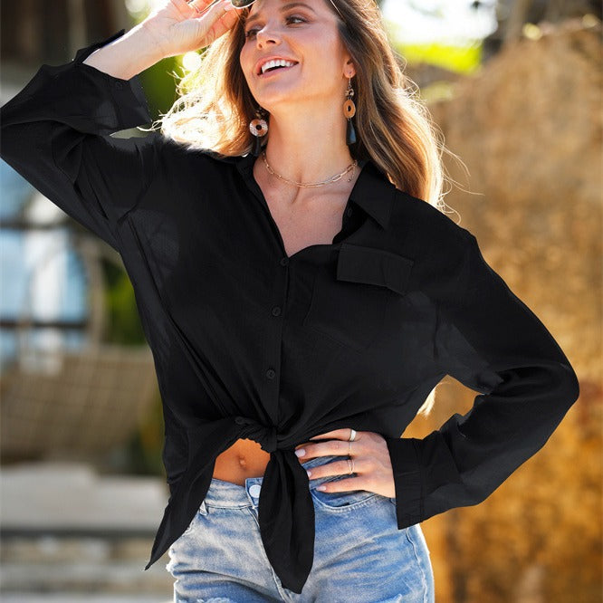 Dame afslappet blusejakke med lange ærmer og strømmende snit Stilla