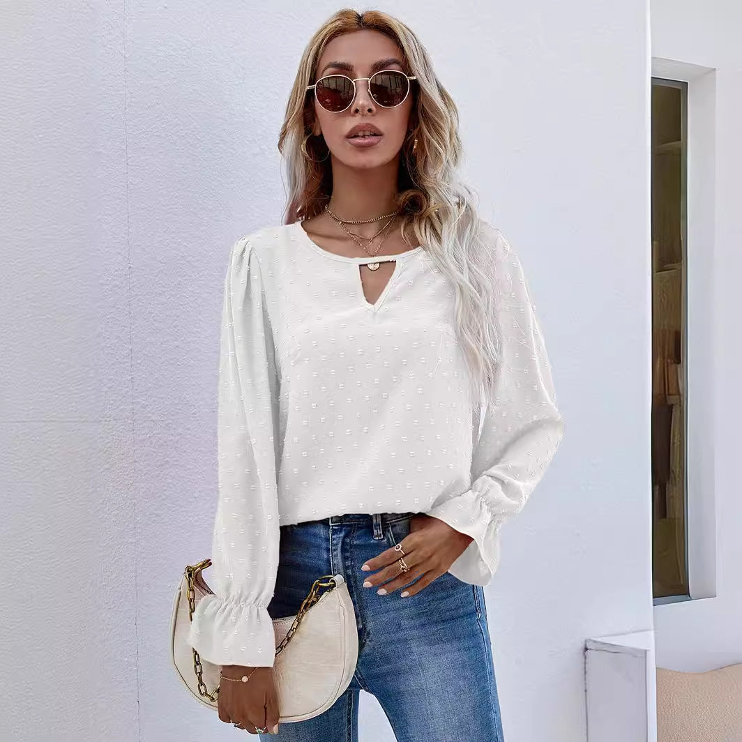 Dame elegant bluse med nøgleudskæring og puffærmer Stilla
