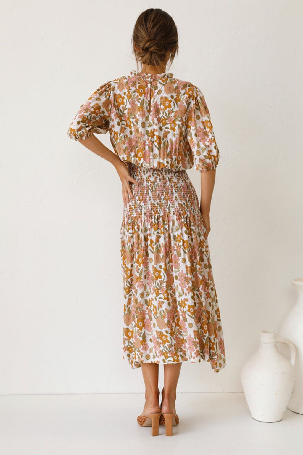 Dame Elegant Floral Rynkning Midi Kjole Stilla