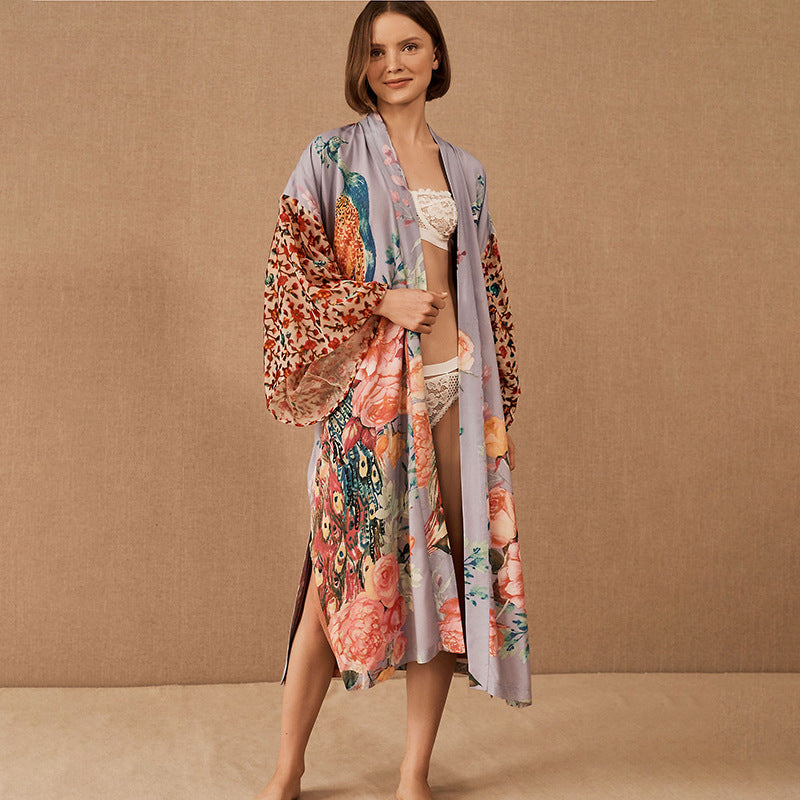 Dame elegant Kimono-Style Morgenkåbe med blomstermotiv Stilla