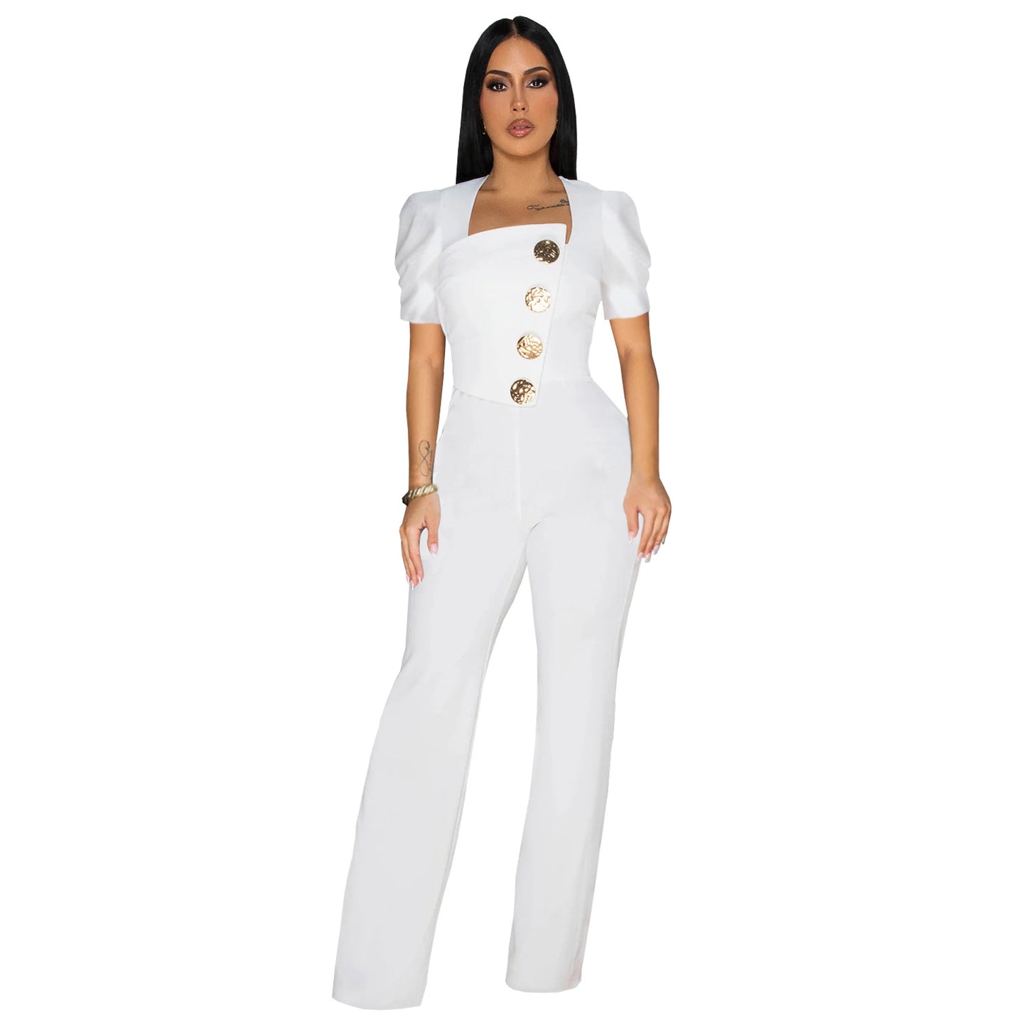 Dame Elegant Jumpsuit med smagfulde knapdetaljer og puffærmer Stilla