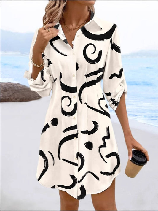 Dame Abstrakt Print Knap-Op Skjorte Kjole Stilla