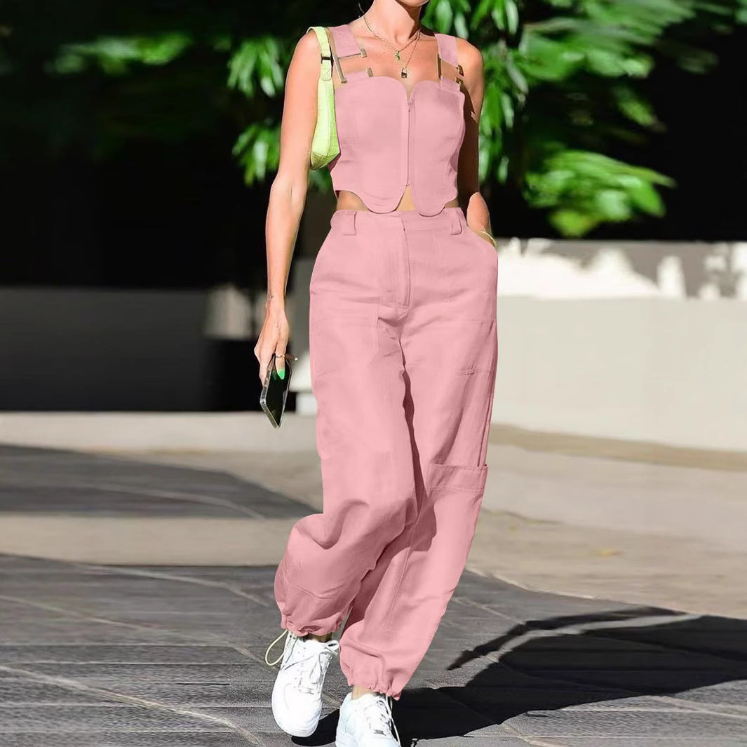 Dame Cropped Top og brede Bukser med Lommer Stilla