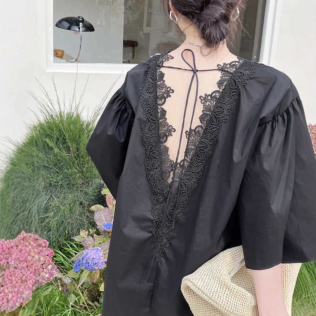 Dame elegant bluse med fine spids dekorationer og moderne V-udskæring Stilla