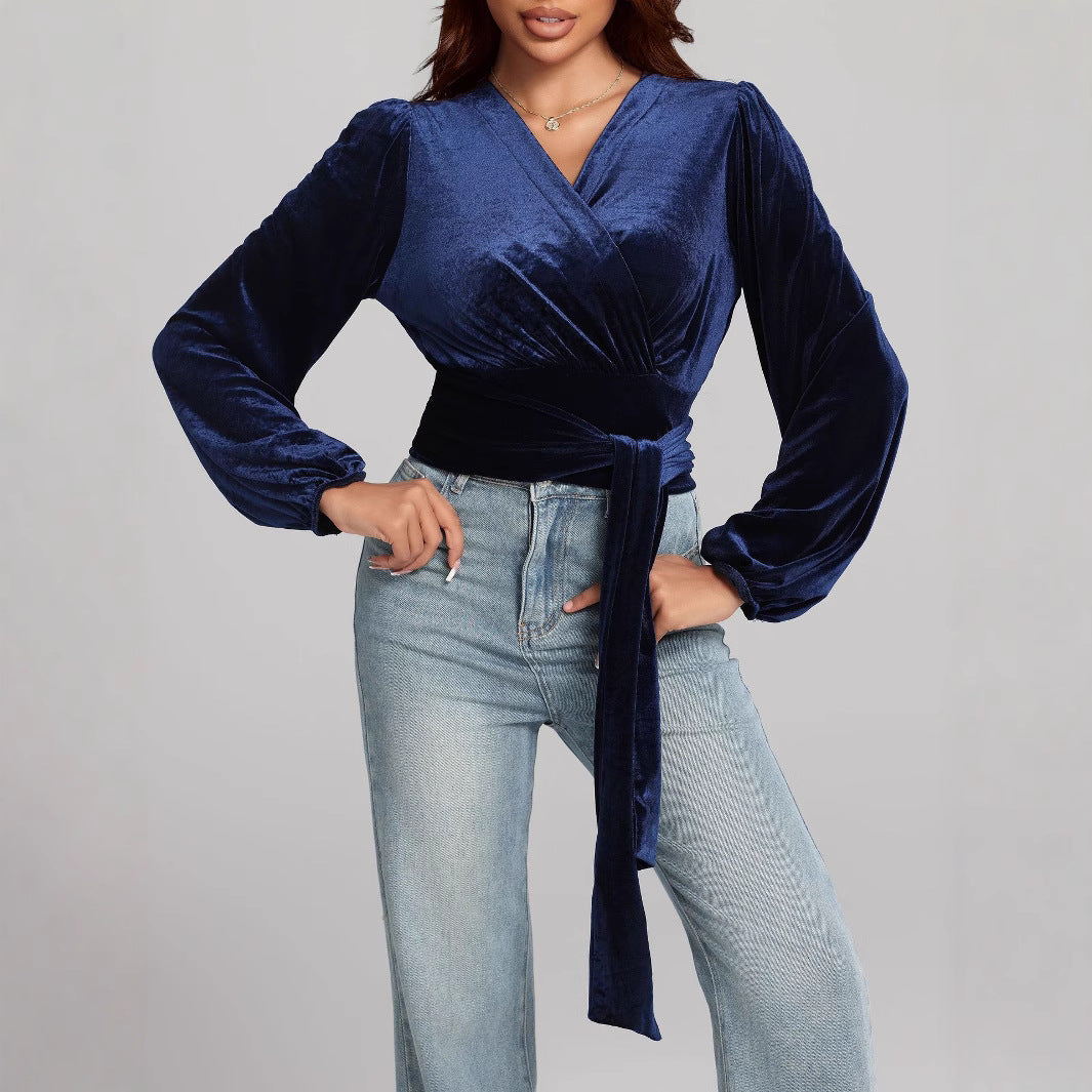 Dame elegant indpakningsbluse med flæseærmer Stilla