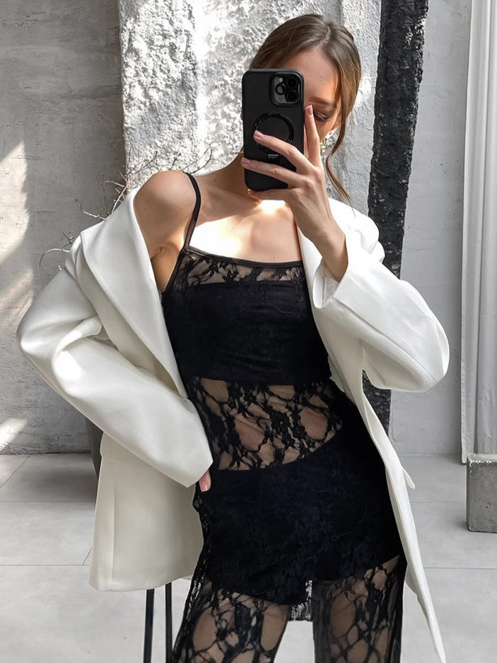 Dame Elegant blazer-outfit med gennemsigtig spidspullover lang jakke Stilla