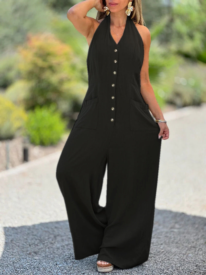 Dame jumpsuit med knapliste og vide ben Stilla