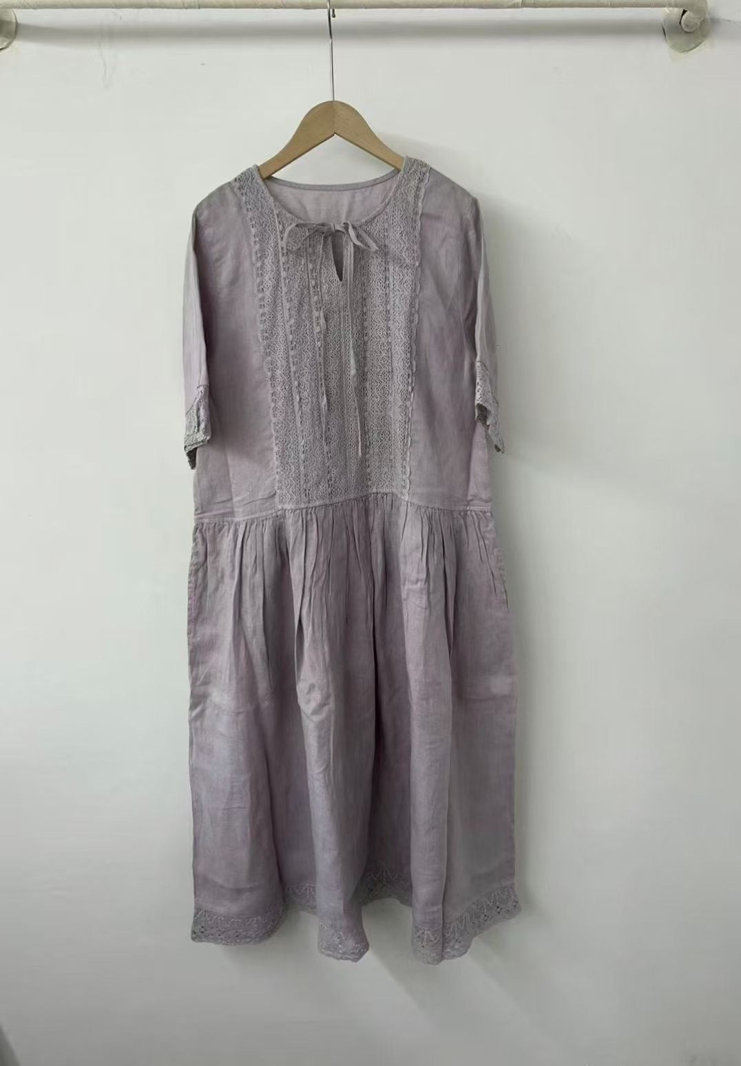 Dame Elegant Baumwolle Midi Kjole med Spids Detaljer Stilla