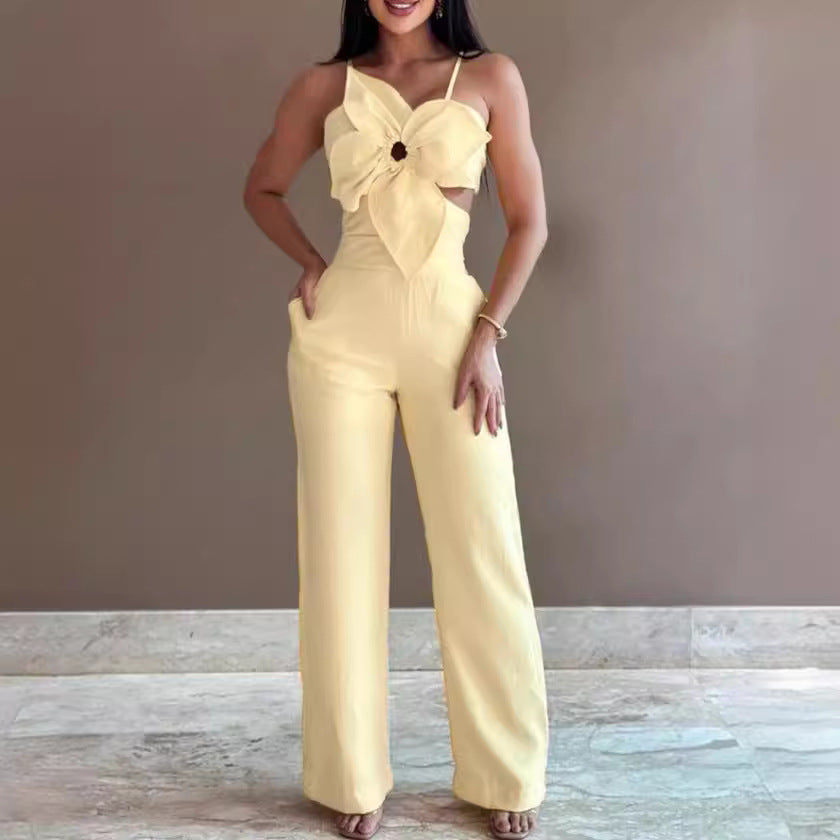 Dame jumpsuit med floral cut-out og brede ben Stilla