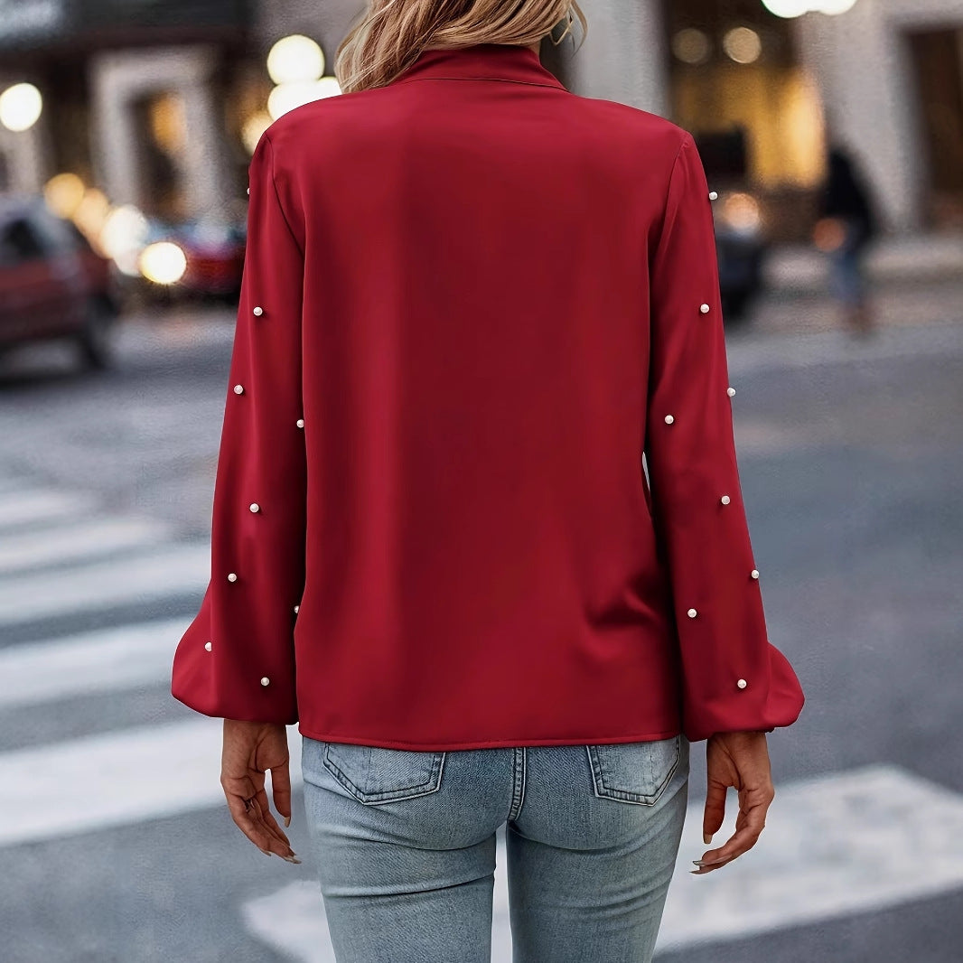 Dame elegant bluse med sløjfe krave og perle detaljer Stilla