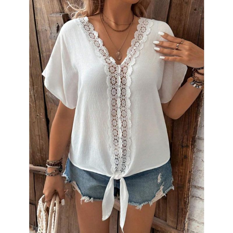 Dame afslappet bluse med spidsbesætning Stilla