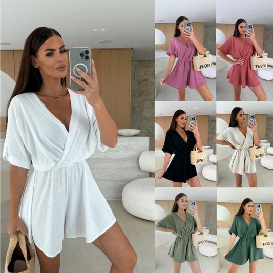 Dame wrap jumpsuit med elegant V-udskæring og blødt stof Stilla