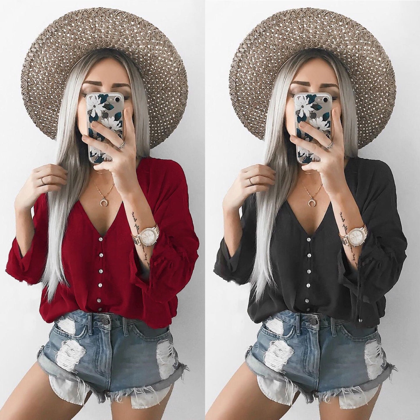 Dame afslappet bluse top med V-hals og knapdetaljer Stilla