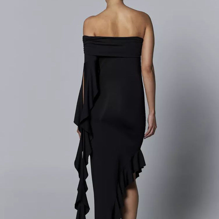 Dame elegant blyantskjorte med asymmetrisk udskæring og flæsedetaljer Stilla