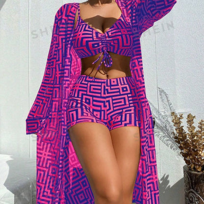 Dame badetøj sæt med luftig cover-up jakke og trendy geometrisk mønster Stilla