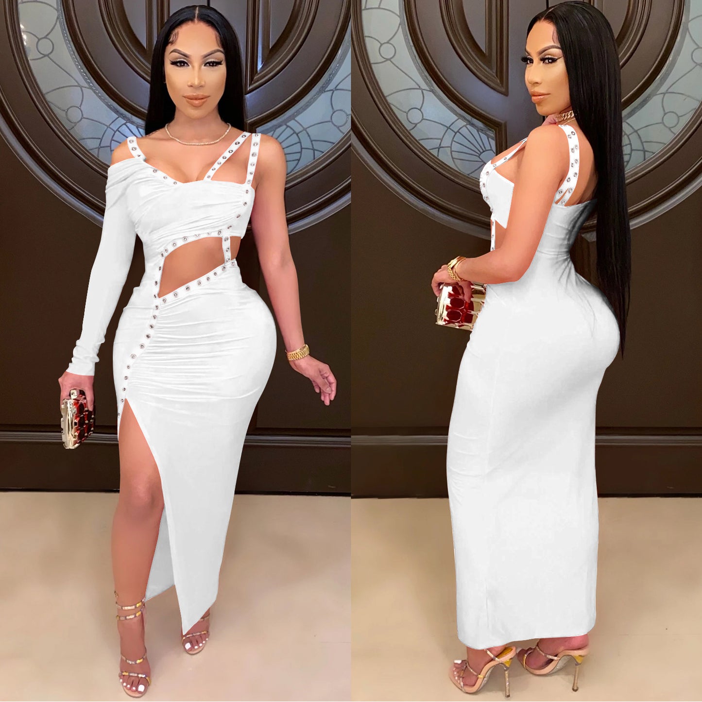 Dame Elegant Cut-Out Maxikjole med asymmetrisk design og funktionelle knapdetaljer Stilla