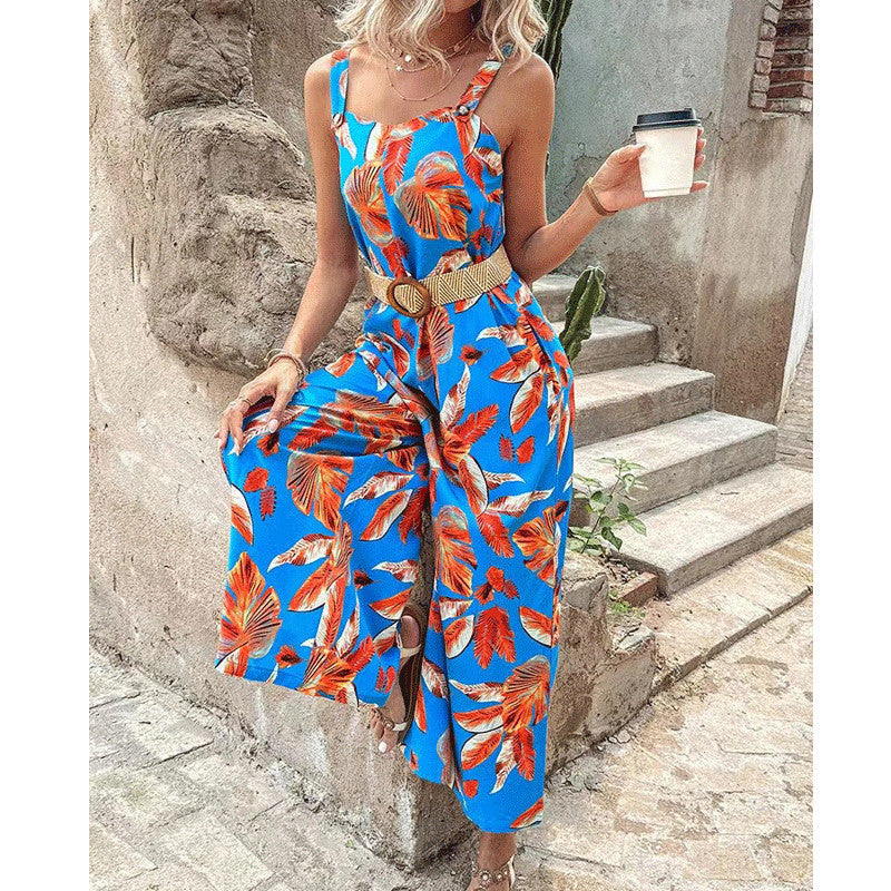 Dame Elegant Maxijumpsuit med florale applikationer og brede stropper Stilla