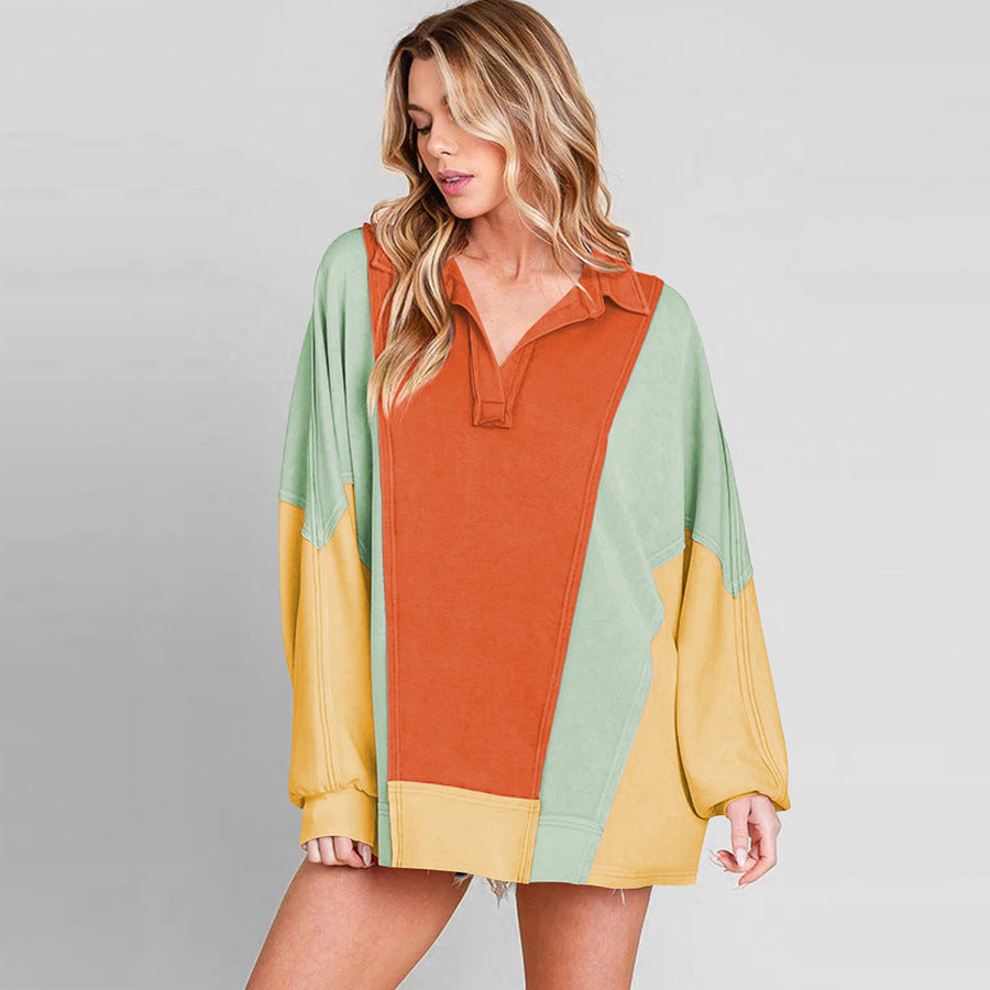 Dame afslappet oversized Sweatshirt med lynlås og farverigt patchwork-design Stilla