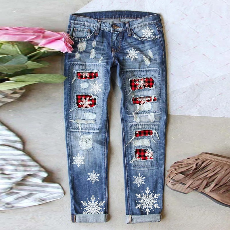 Dame Destroyed Jeans med vinterlige motiver Stilla