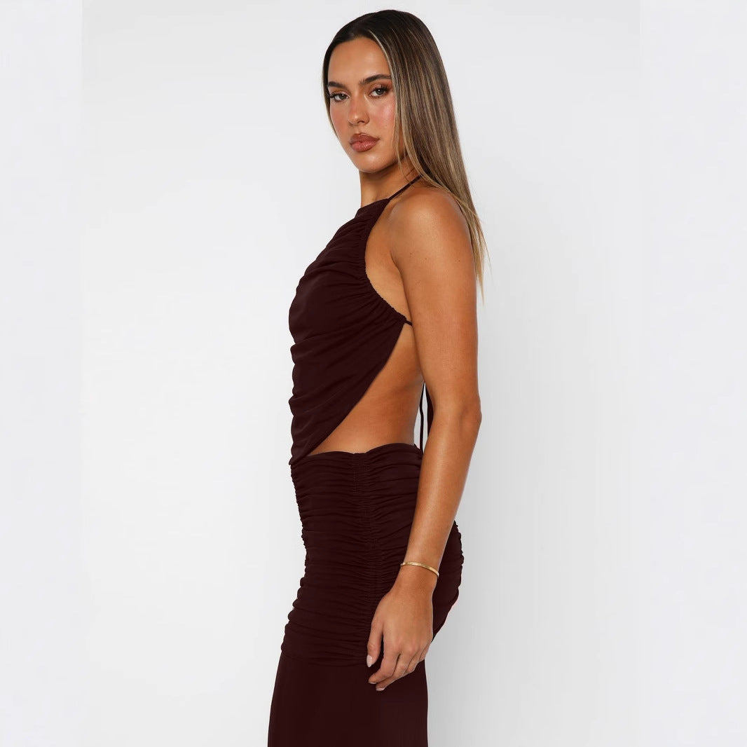 Dame elegant lang jumpsuit med rynket overdel og højt ben split Stilla