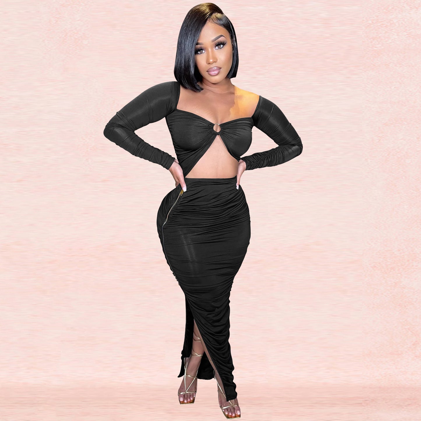 Dame Cut-Out Maxikjole med elegant rynkning og dyb slids Stilla