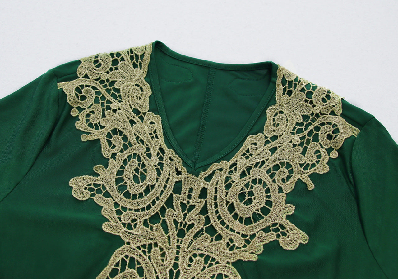 Dame Elegant Langærmet Kjolesæt med detalje-kærkommen Broderimønster Stilla