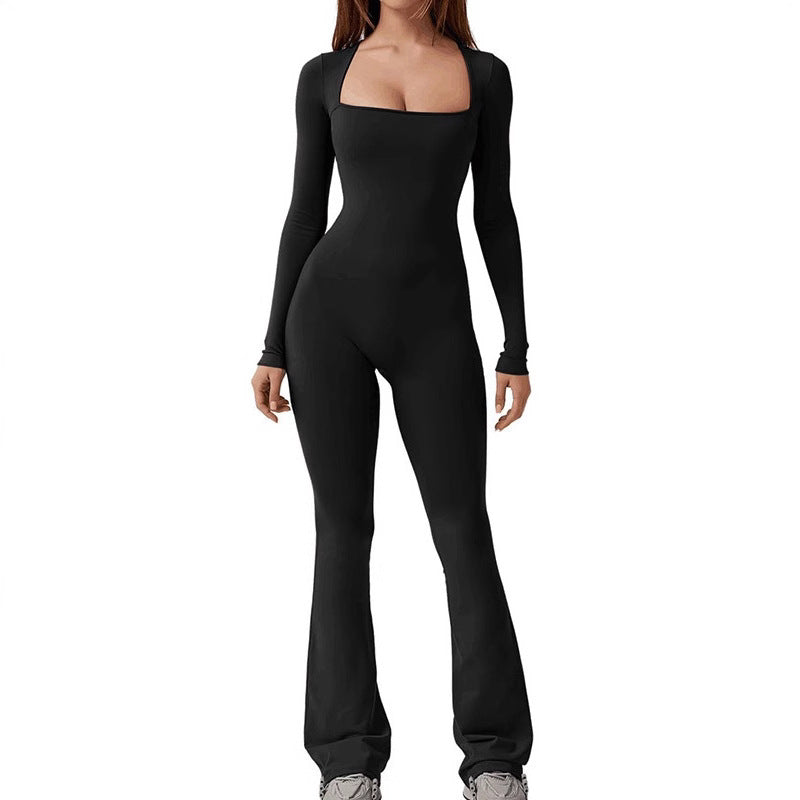 Dame Elegant Langærmet Jumpsuit med dyb kvadratisk U-hals og flatterende snit Stilla