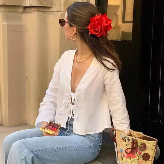 Dame afslappet linnedjakke med knudeåbning Stilla