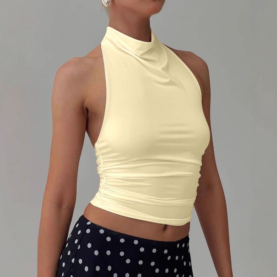 Dame afslappet crop-top med høj halsudskæring og dekorativ ruching Stilla