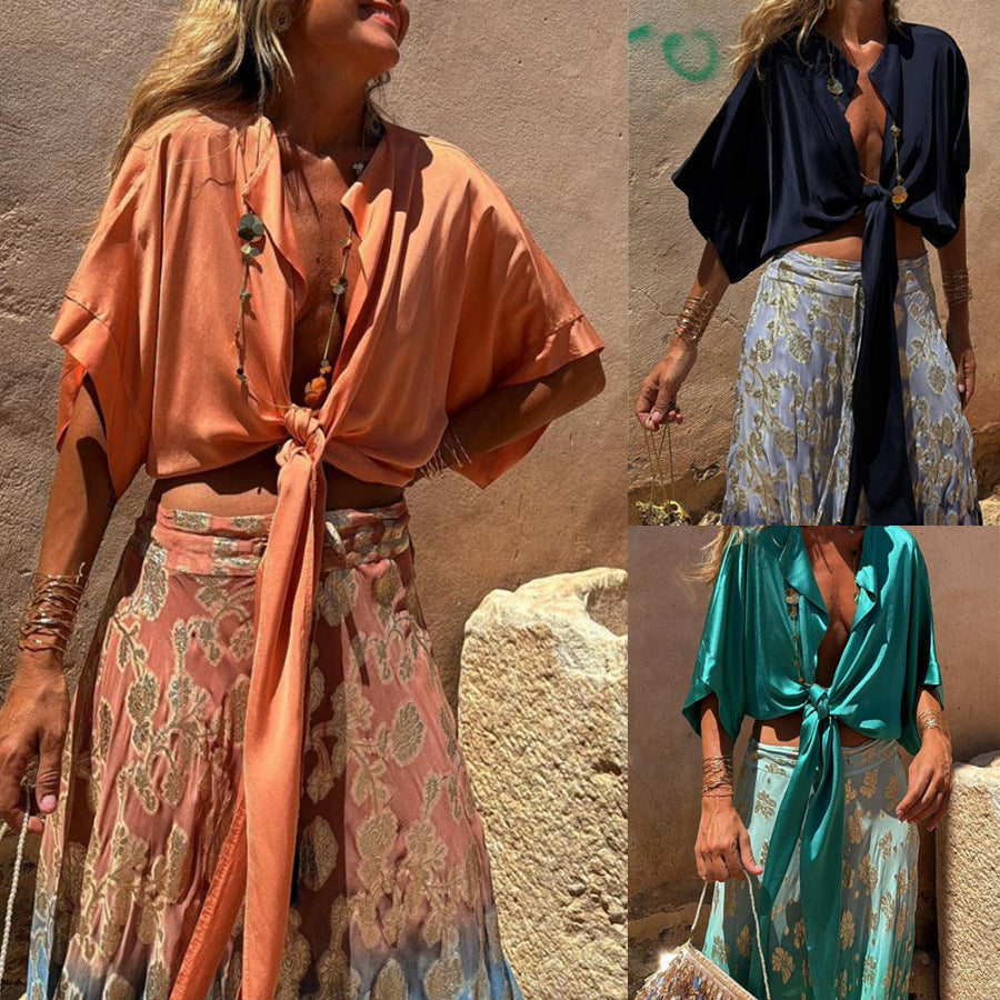 Dame Elegant Bluse- og Nederdelssæt med raffineret Bindebælte Stiila