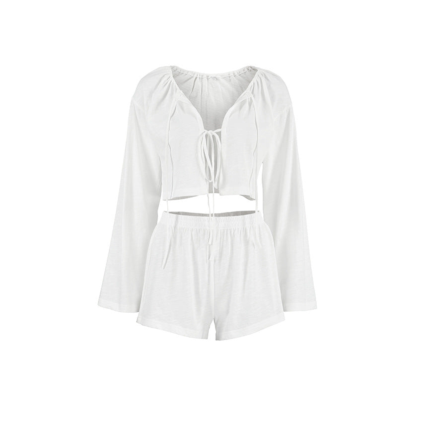 Dame afslappet cropped top med snørring og brede ærmer Stilla