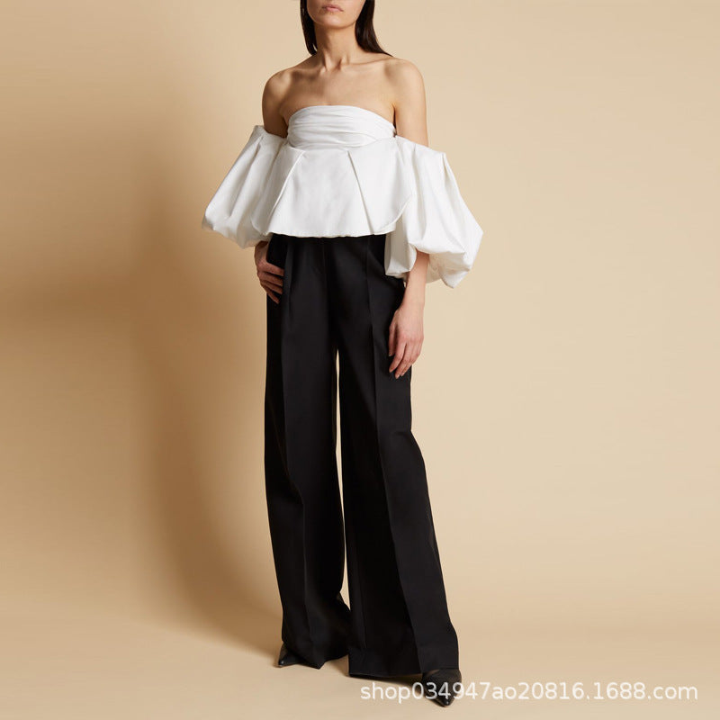 Dame elegant bred stofbukser med høj talje og modeshow bælte Stilla