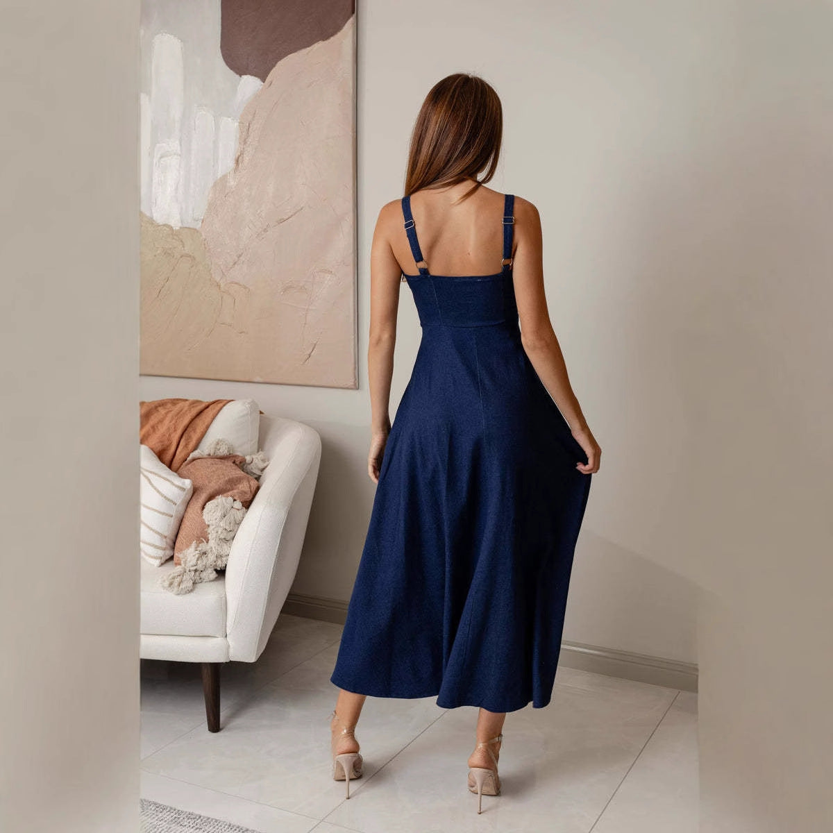 Dame afslappet maxikjole med elastisk talje og fine spaghetti-stropper Stilla